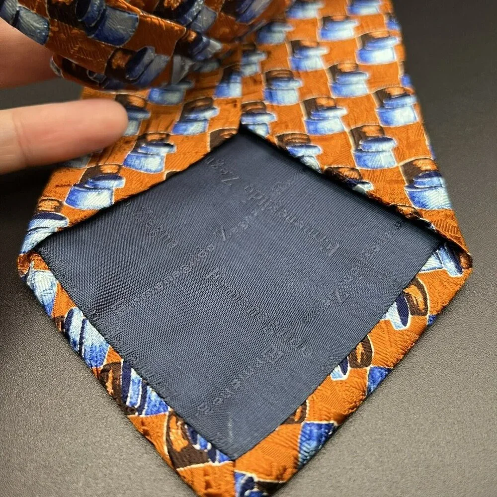 Ermenegildo‎ Zegna 100% Silk Neck Tie ~ Burnt Orange with Blue Cans ? 58